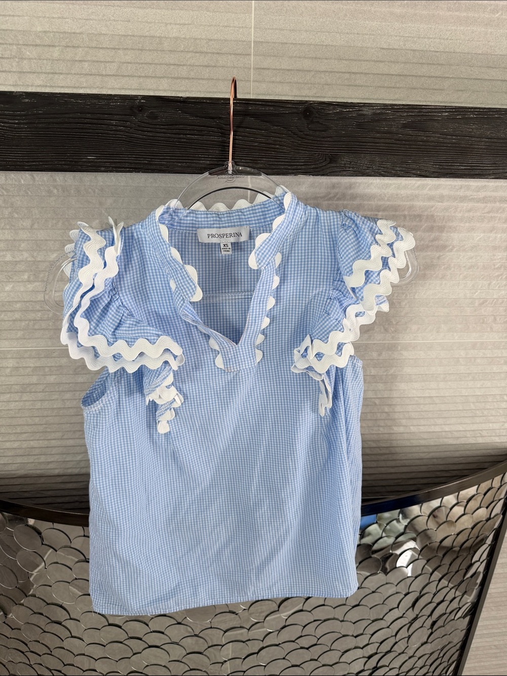 Red Dress Boutique Light Blue Gingham Ruffle Trim Blouse